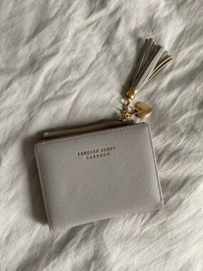Light Gray Bluish Tint Zip Wallet with Tassel and Heart Charm